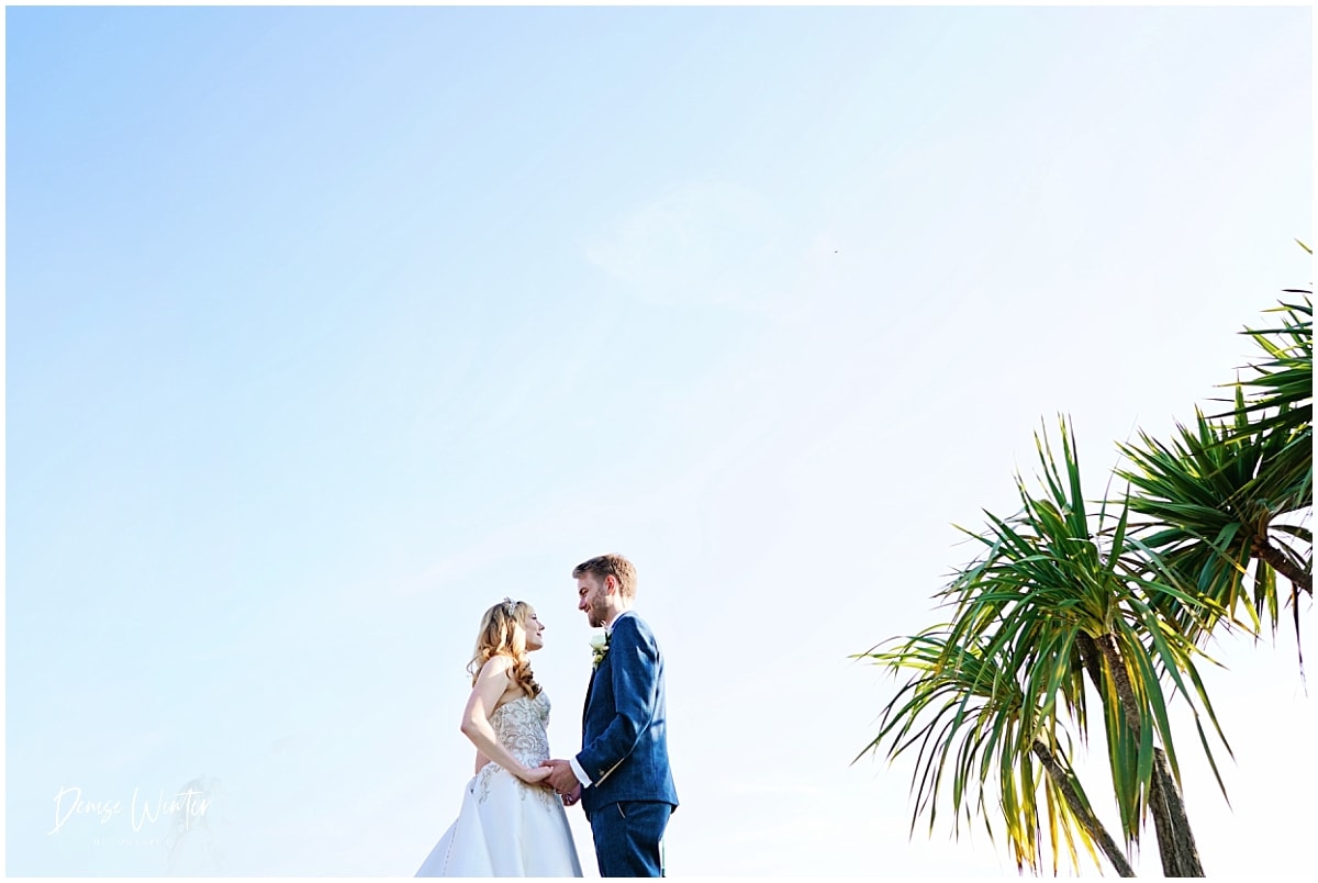 Hotel Miramar Bournemouth, bride, groom and palm trees